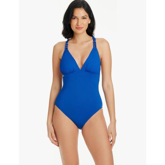 BLEU ROD BEATTIE Ring Master Drape One-Piece Swimsuit Size 12 Blue Azure NWT - Picture 1 of 8